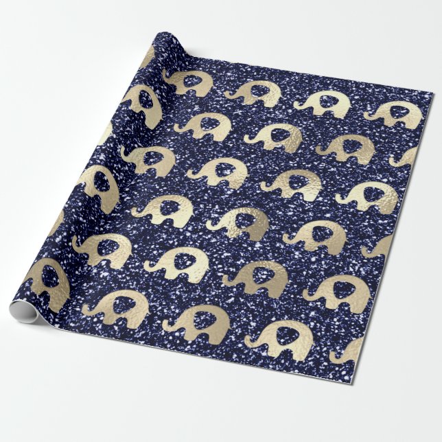 Papier Cadeau Eléphants Parties scintillant métallique Gold Blue (Déroulé)