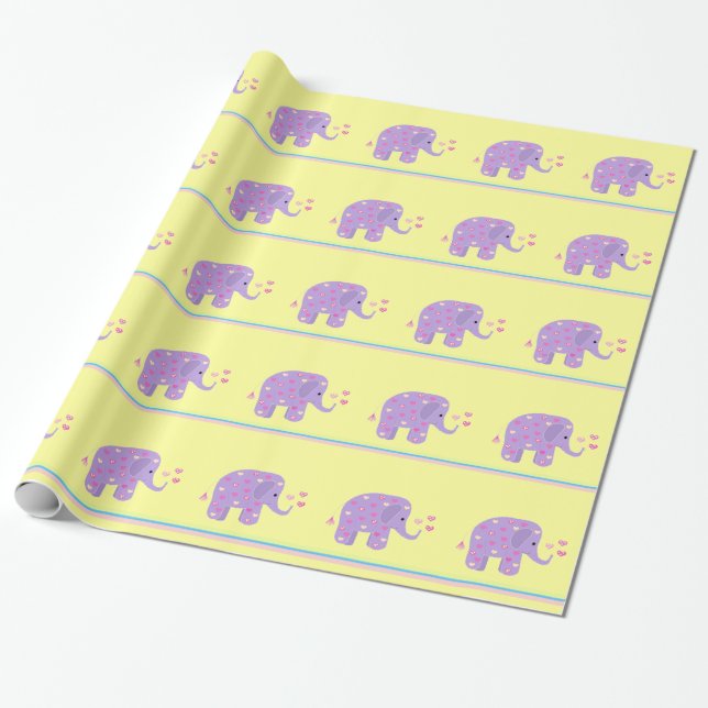 Papier Cadeau Eléphants pourpres avec Coeurs et Rayures (Déroulé)