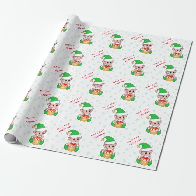 Papier Cadeau Elfe de Noël et flocons de neige (Déroulé)