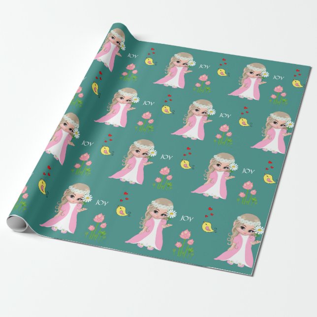 Papier Cadeau Elfe fée mignonne et fleurs sur Turquoise (Déroulé)