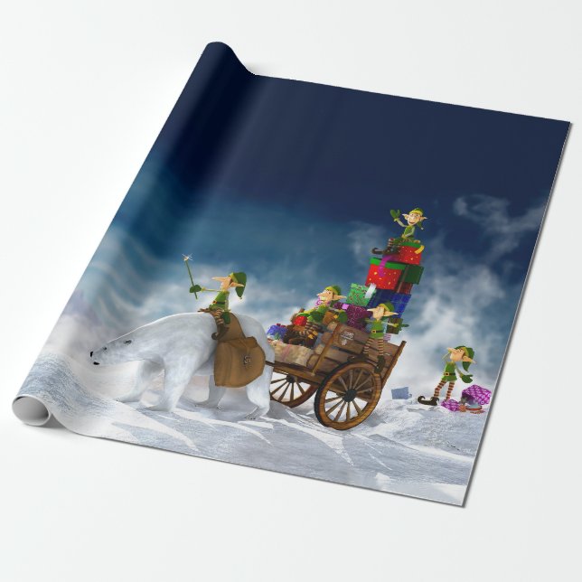 Papier Cadeau Elfes de Noël avec ours polaire (Déroulé)