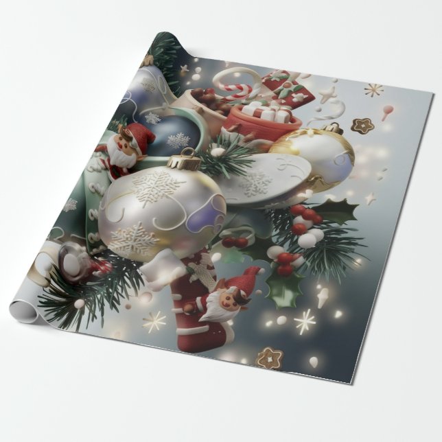 Papier Cadeau Elfes et ornements de Noël (Déroulé)