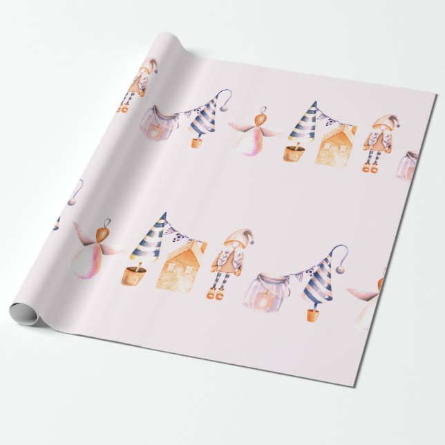 PAPIER CADEAU ELVES ET NOËL MOTIF ARBRE EN COULEUR D'EAU (Déroulé)