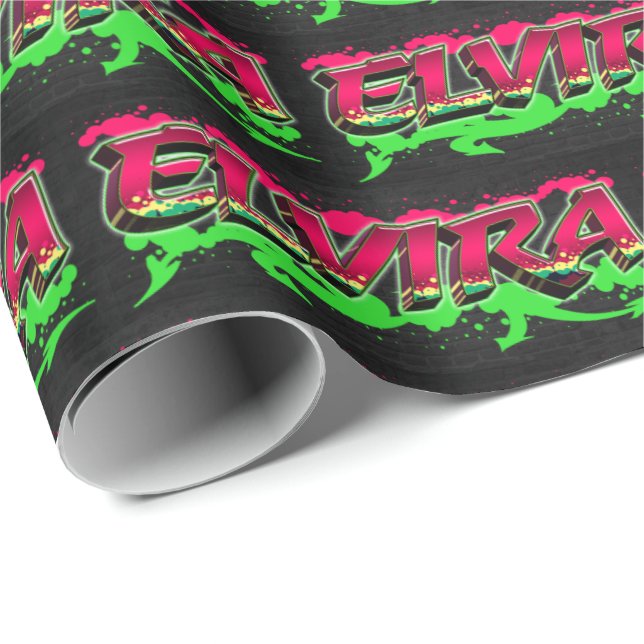 Papier Cadeau Elvira prénom Graffiti red green (Coin rond)