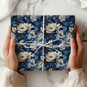 Papier Cadeau Emballage décoratif floral en ivoire bleu élégant