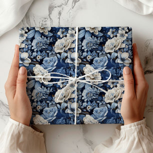 Papier Cadeau Emballage Luxueux Floral Bleu Blanc Ivoire Élégant