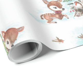 Papier Cadeau Emballage Rétro Noël Aquarelle Animaux de la Forêt