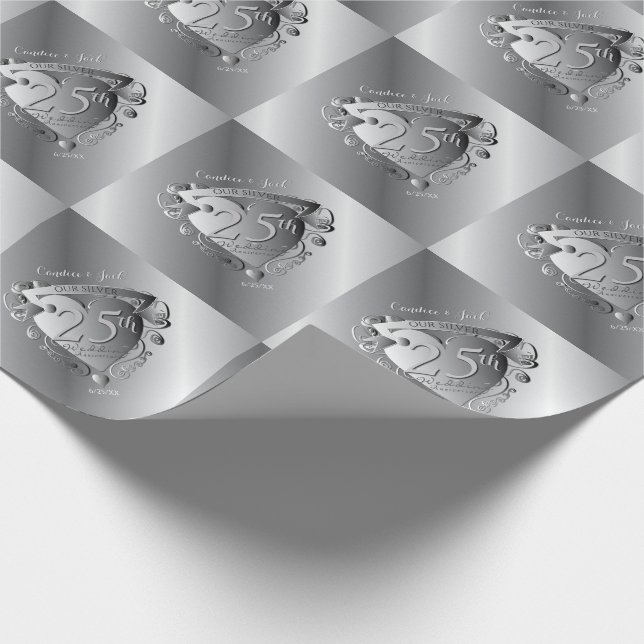 Papier Cadeau Emblème du coeur d'argent du 25e Mariage (Coin)