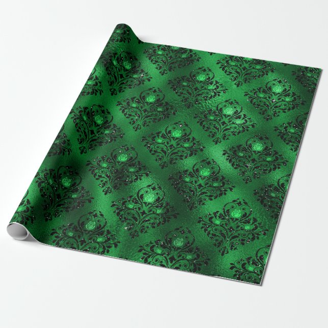 Papier Cadeau Emerald Green Glam Damask Rose Motif (Déroulé)