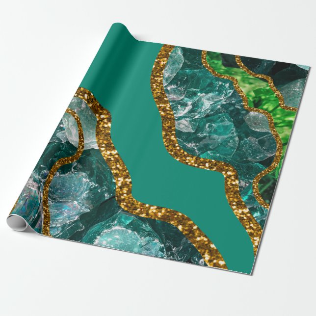 Papier Cadeau Emerald Green & Gold Agate Parties scintillant (Déroulé)