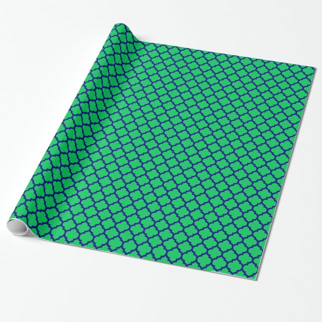 Papier Cadeau Emerald Green Navy Marocain Quatrefoil Motif #5 (Déroulé)