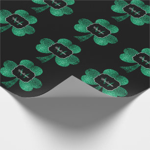 Papier Cadeau Emerald Green Sparkle Shamrock noir Monogramme