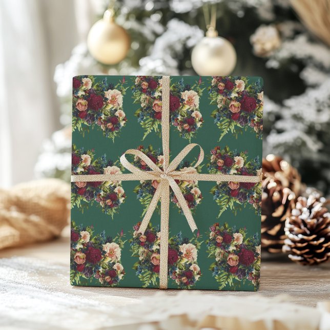 Papier Cadeau Emerald vert Moody Floral Bourgogne Mariage (Créateur téléchargé)
