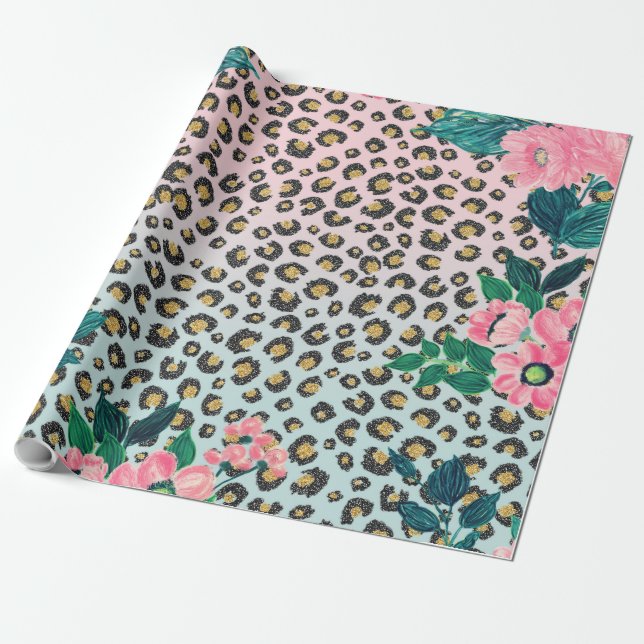 Papier Cadeau Empreinte de léopard de Parties scintillant floral (Déroulé)