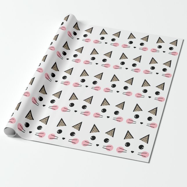 Papier Cadeau Empreinte de léopard Oreilles Kitty Chat Visage (Déroulé)