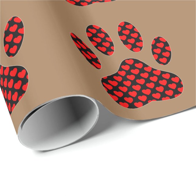 Papier Cadeau Empreinte de patte Chien Avec Coeurs Sur Brown (Coin rond)