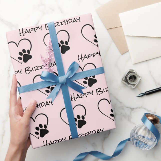 Papier Cadeau Empreinte de patte d'anniversaire avec coeur sur r (Cadeaux)