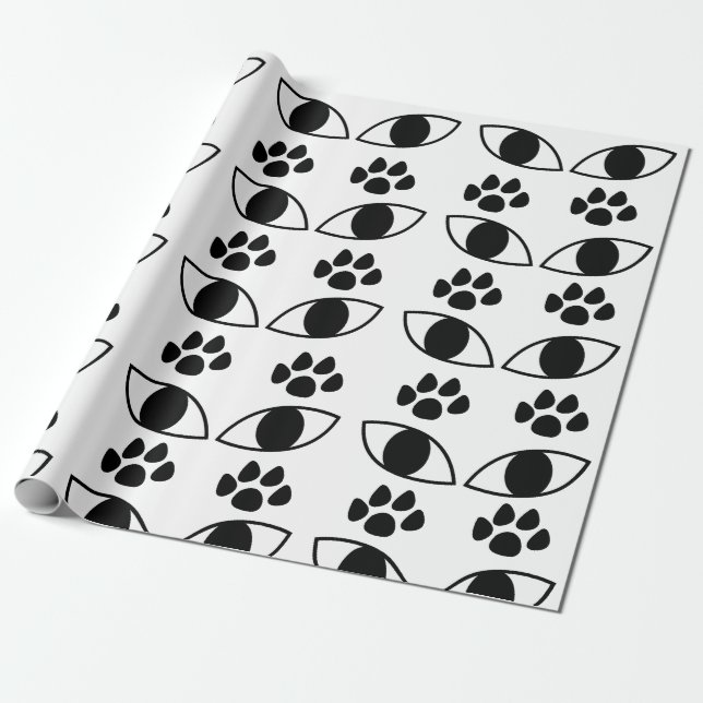 Papier Cadeau Empreinte de patte de chat noir et blanc (Déroulé)