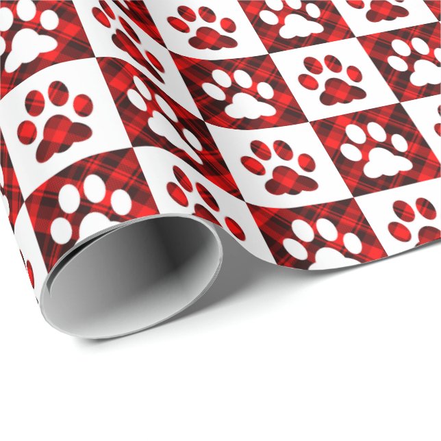 Papier Cadeau Empreinte de patte rouge À damiers Motif (Coin rond)