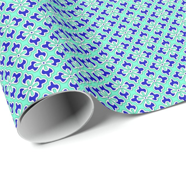 Papier Cadeau Empreinte florale kimono, cobalt et aqua (Coin rond)
