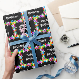 Papier Cadeau Empreintes d'anniversaire sur noir