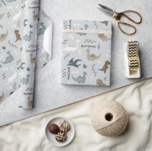 Papier Cadeau Empreintes de dinosaures mignons & Lumière Nom per
