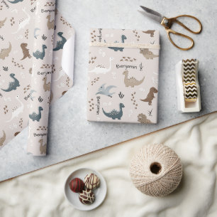 Papier Cadeau Empreintes de dinosaures mignons & Nom personnalis