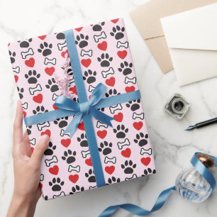 Papier Cadeau Empreintes de Patte de Chien Cœurs Rouges Et Os Am