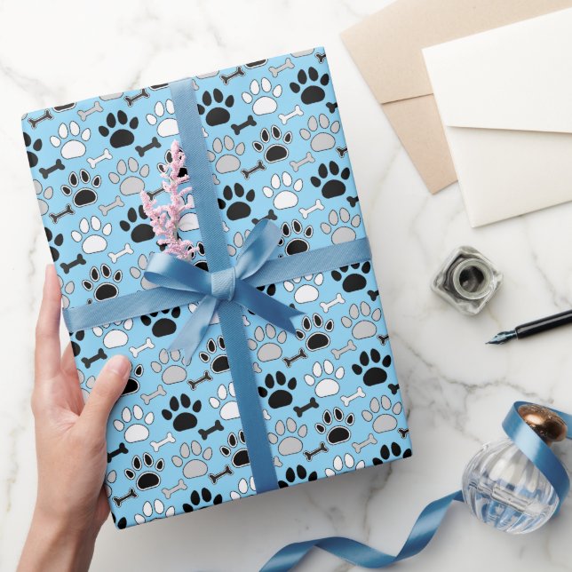 Papier Cadeau Empreintes de pattes de chien et motif d'os Bleu (Cadeaux)