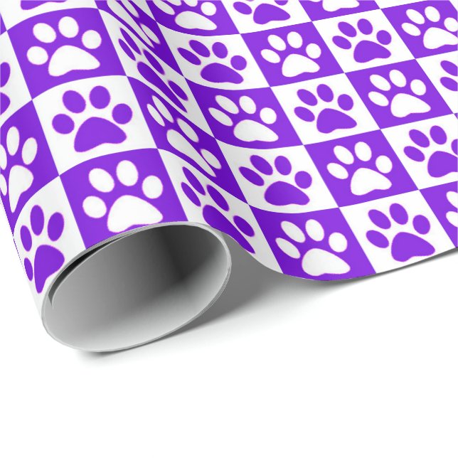 Papier Cadeau Empreintes de pattes de chien violet et blanc (Coin rond)