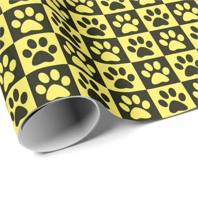Papier Cadeau Empreintes de pattes de chiens noirs et jaunes (Coin rond)