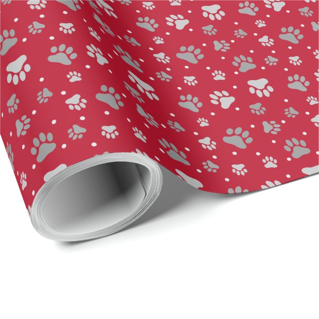Papier Cadeau Empreintes de pattes de Noël rouge et argent (Coin rond)