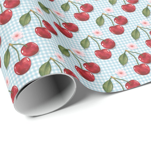 Papier Cadeau En vichy Bleu Rustique Et Cerises (Coin rond)