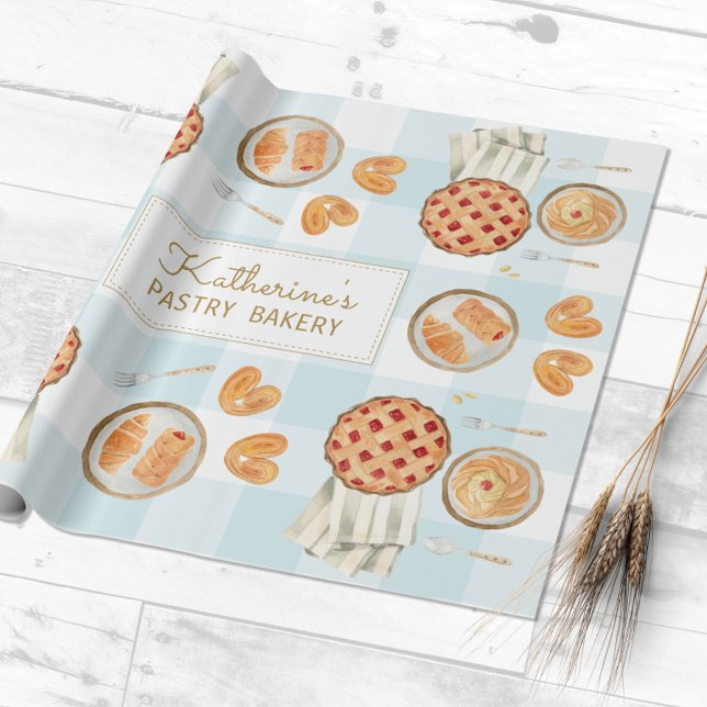 Papier Cadeau en vichy Motif Pâtisseries Aquarelle Boulangerie b (Close up)