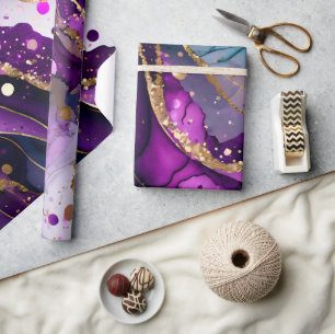 Papier Cadeau Encre alcoolique à paillettes violettes et dorées 