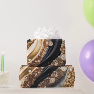 Papier Cadeau Encre alcoolique agate pailletée noir et or aquare