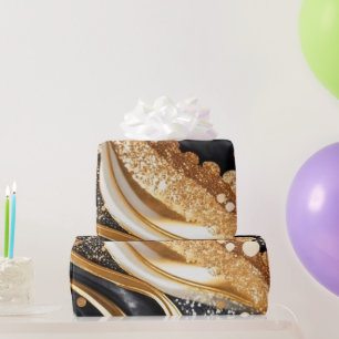 Papier Cadeau Encre alcoolique agate pailletée noire et or aquar