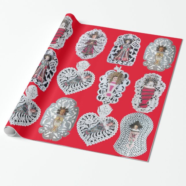 Papier Cadeau Enfant Jésus, Antique Papier de Noël, Rouge (Déroulé)