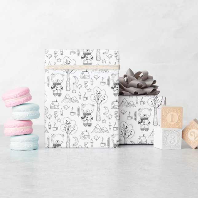 Papier Cadeau Enfant Noël Noir & Blanc Nounours d'hiver (Baby Shower)