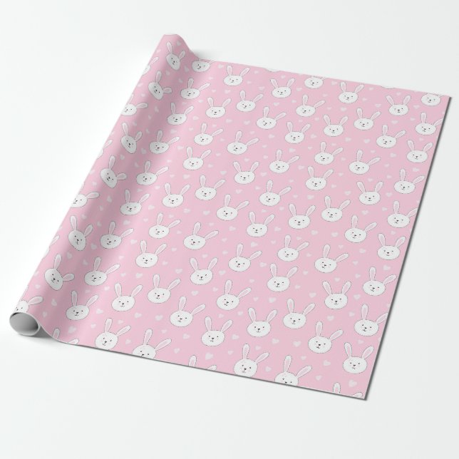 Papier Cadeau Enfants adorable lapin lapin Pâques Coeurs roses (Déroulé)