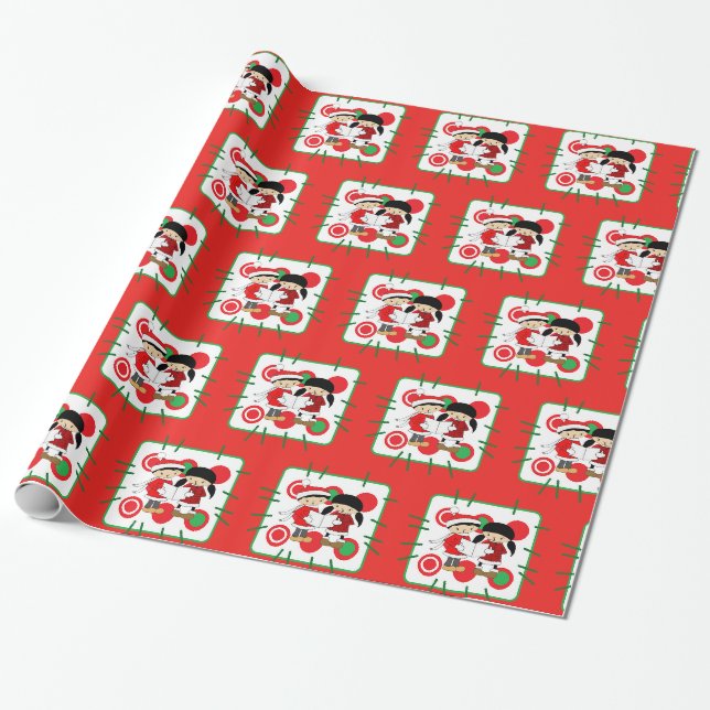 Papier Cadeau Enfants Caroleurs Rouge Vert Noël Enveloppement Ca (Déroulé)