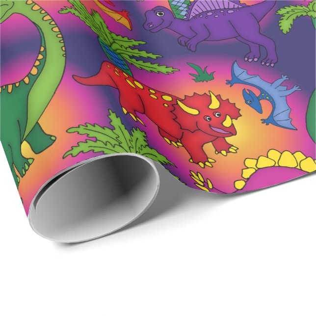 Papier Cadeau Enfants colorés mignon Dinosaures Motif (Coin rond)