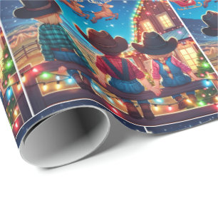 Papier Cadeau Enfants Cowboy Sur La clôture Père Noël Vols Au-De