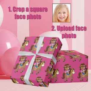 Papier Cadeau Enfants Cowgirl Photo de Visage Rose Personnalisé