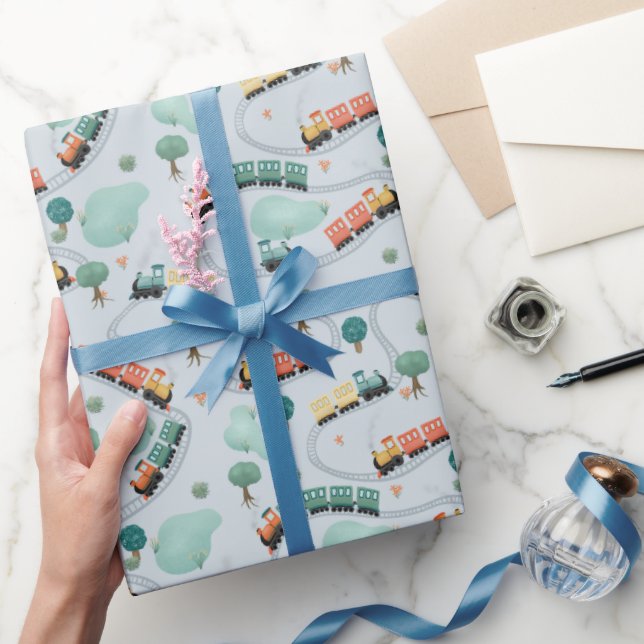 Papier Cadeau Enfants Cute Blue Train Voyage Motifs Garçons Anni (Cadeaux)