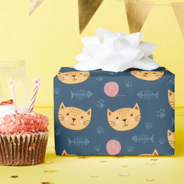 Papier Cadeau Enfants Cute Kitty Chat Face à Empreintes de patte (Fête d'anniversaire)