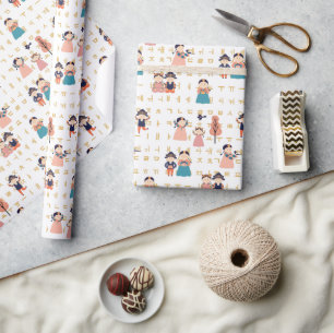 Papier Cadeau Enfants en Hanbok traditionnel coréen (Police Or)