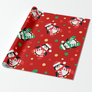 Papier Cadeau Enfants mignons de grands pingouins de Noël rouge