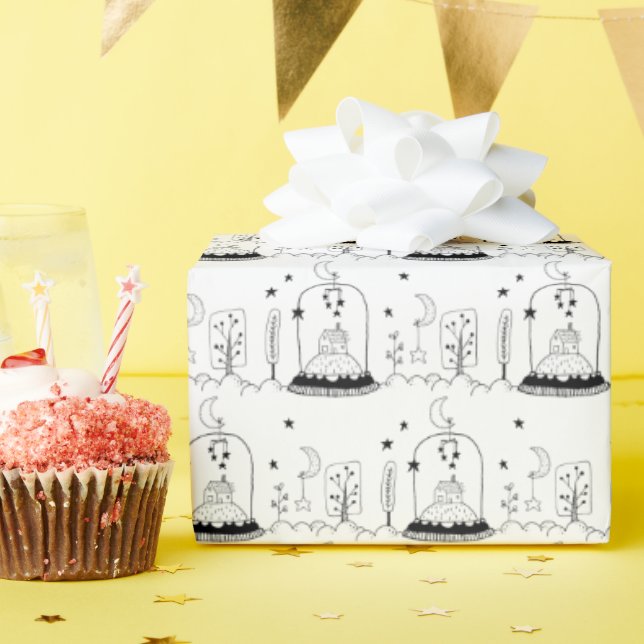 Papier Cadeau Enfants Noël Black & White Snowglobe Lune Étoiles (Fête d'anniversaire)