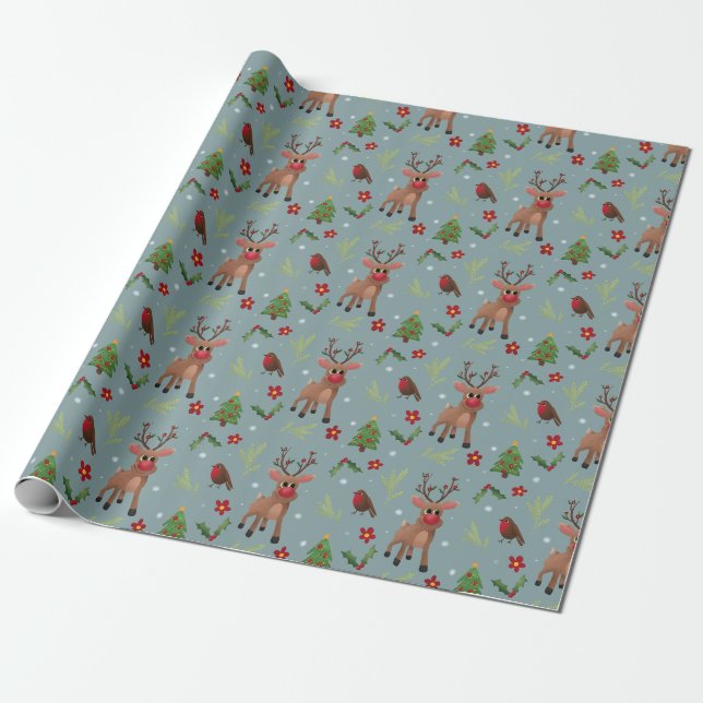 Papier Cadeau Enfants Noël Rudolph Reindeer Motif Vacances (Déroulé)